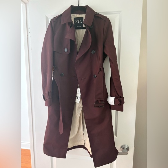 ZARA ZW Collection Water-Repellent burgundy Trench Coat – Size Medium - Picture 3 of 14